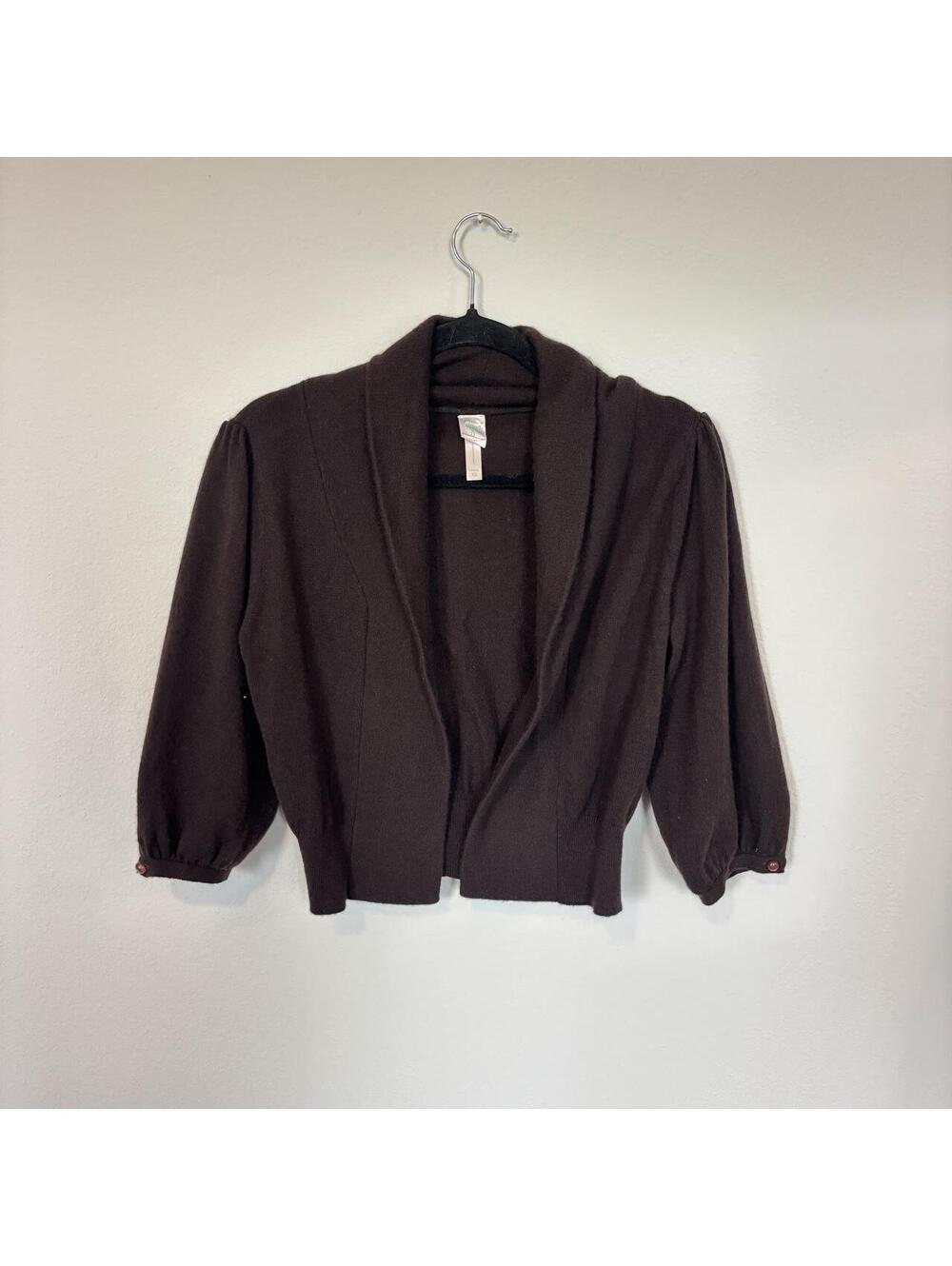 AQUA 100% Cashmere Open Front Cardigan Brown Puff Sleeve Shawl Collar Cropped XS